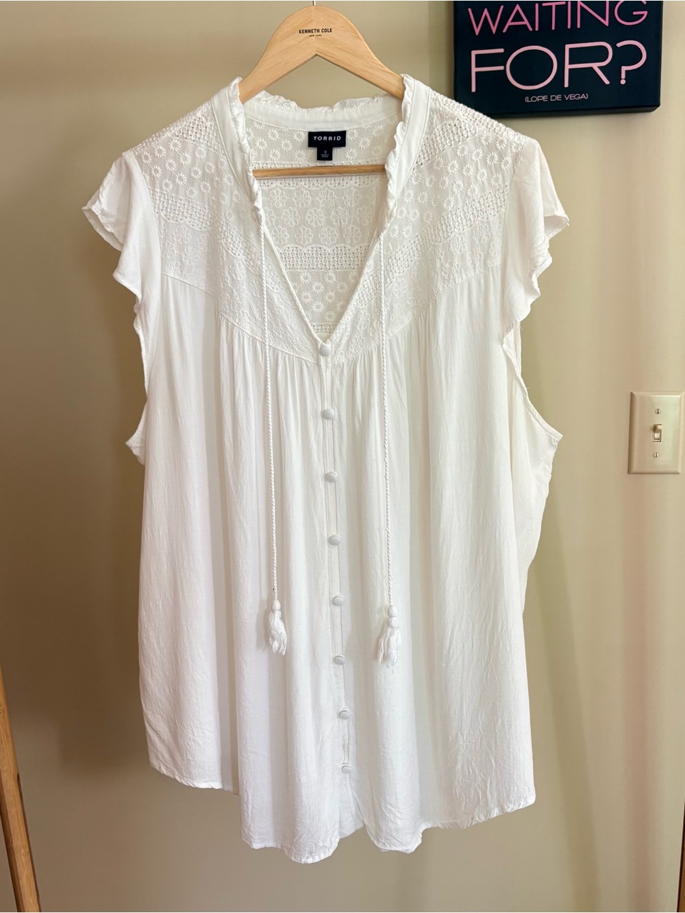 torrid White Lace-Yoke Button Front Blouse with Tassel Ties